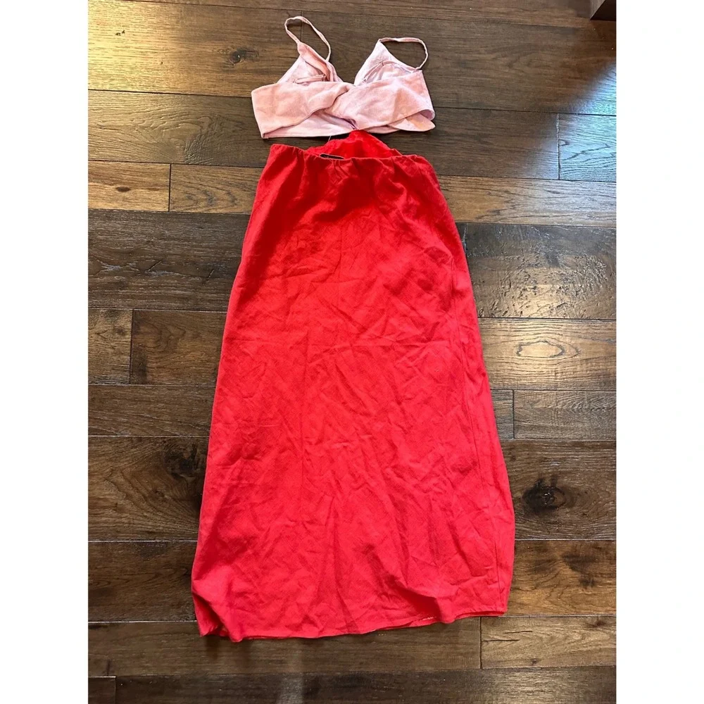Abercrombie & Fitch Red Pink Floral Cutout Linen Blend Maxi Dress Womens Medium
